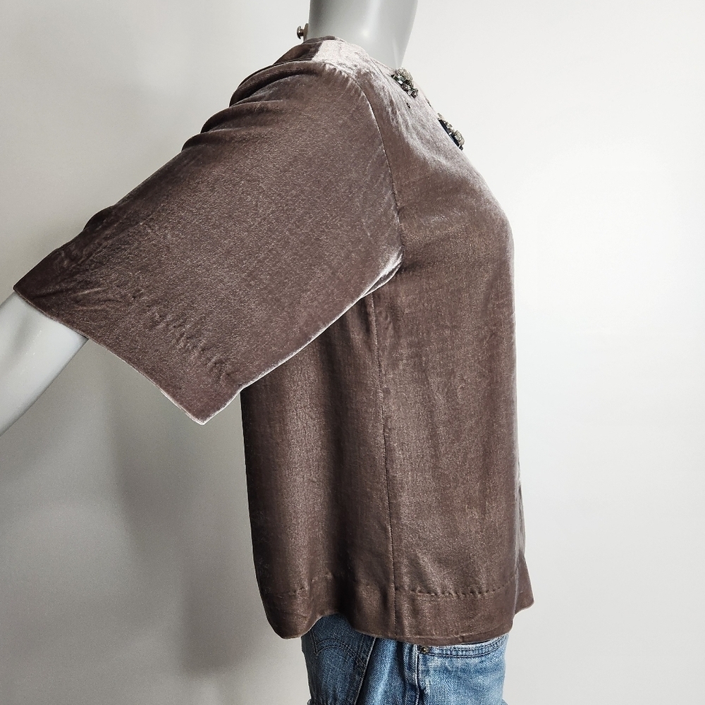 Dorothee Schumacher Jewel Collar Brown Velvet Silk Short Sleeve Blouse Size M - Picture 3 of 13